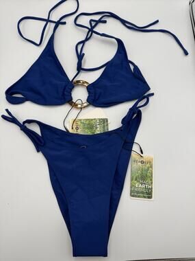 NWT Bamba Swim Kai Bikini Set Indigo Blue Tortoise Ring Top XS Side Tie Bottom S